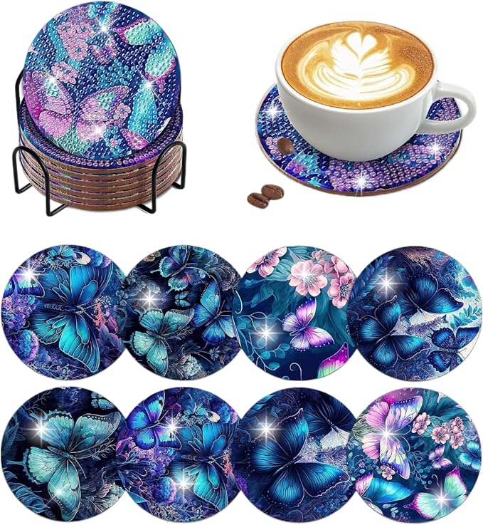 8 pcs Diamond Painting Coasters | Diamond Art Coasters | Blue Butterfly Diamond by LGANHAPY