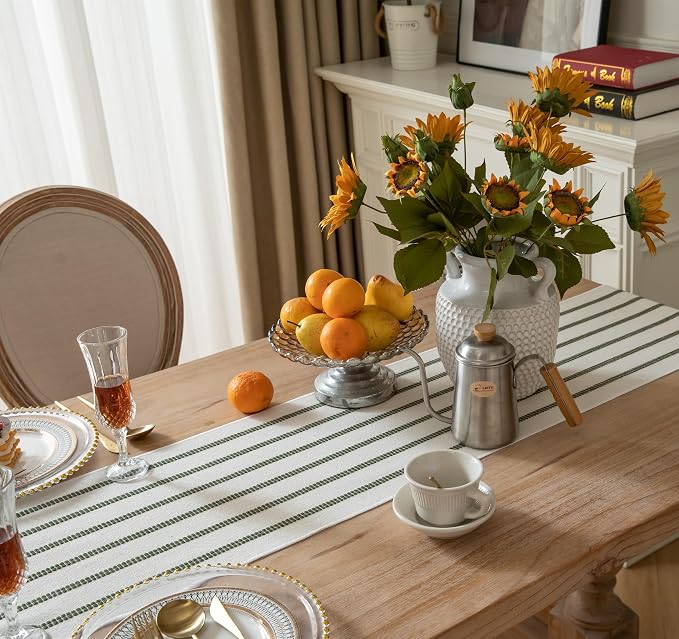 Caflife Boho Table Runner 90 Inchs Long Green and Beige, Cotton and Linen Woven - Image 3