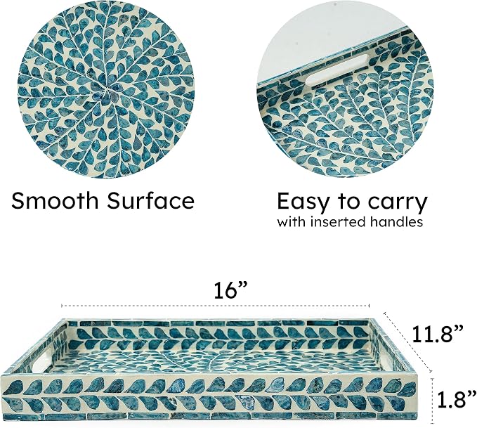 Serving Tray 15.7" X11.8", Lacquer Mother of Pearl Inlay Mosaic Tray, Rectangle - Image 2