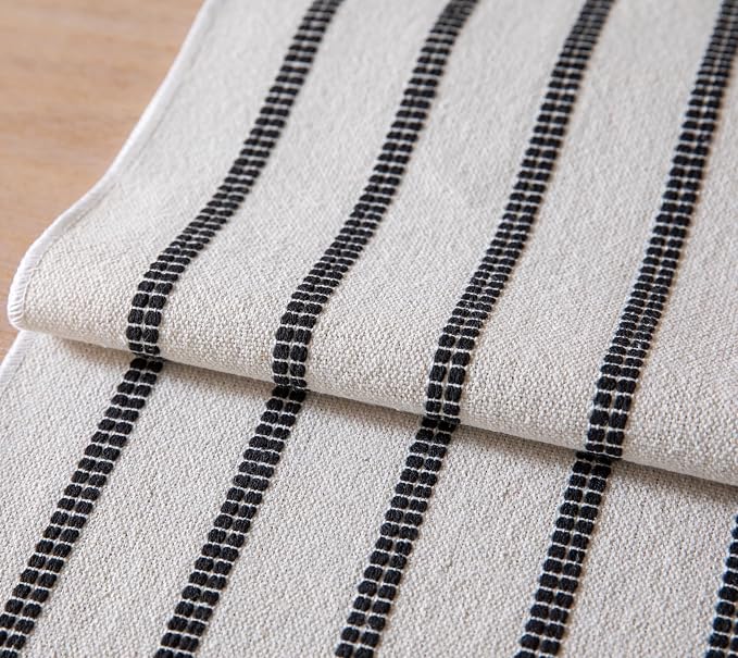 Caflife Boho Table Runner 72 Inchs Long Black and Beige, Cotton and Linen Woven - Image 4