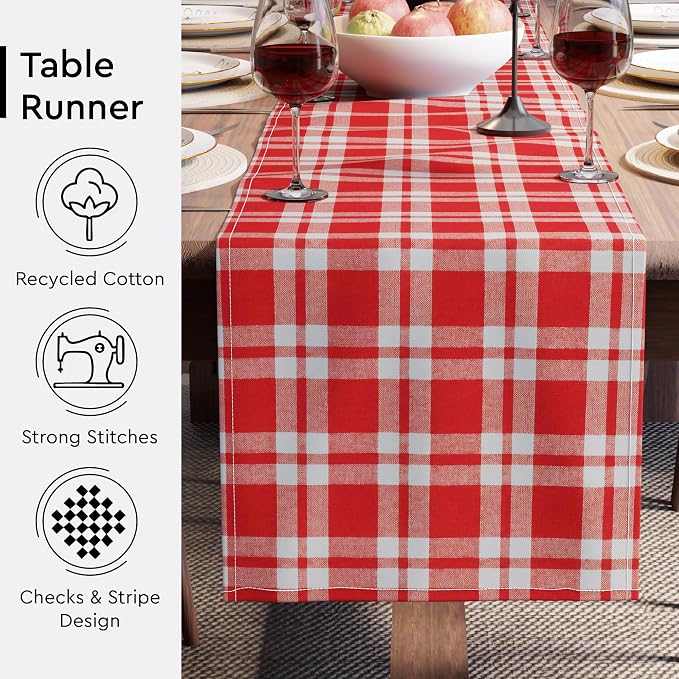 Encasa XO Table Runner, Woven Cotton Dining Runner 13"x59" | Franca Red Checks - Image 4