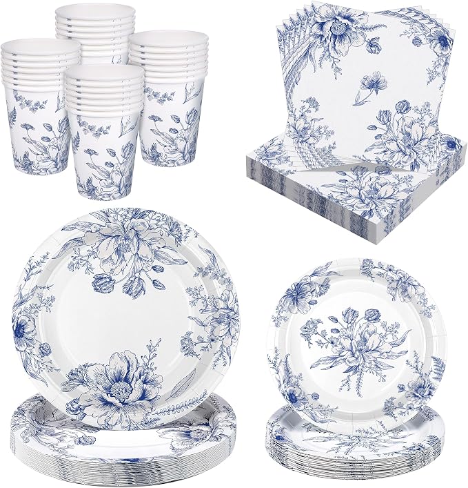Kochorie 96 Piece Blue and White Floral Disposable Party Supplies Elegant by Kochorie