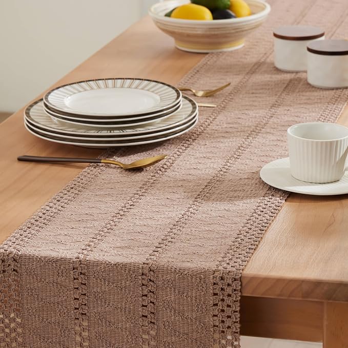 Macrame Style Boho Table Runner, 12x90 Inch Taupe | Woven Boho Table Runner - Image 5
