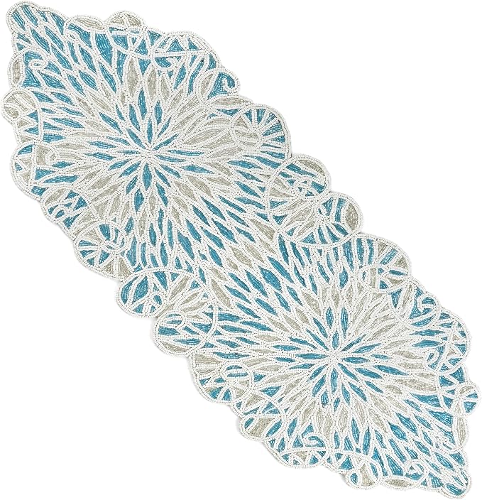 Beaded Table Runner, Sky Blue White, 36x13 | Glass beads on polyester backing - Image 8