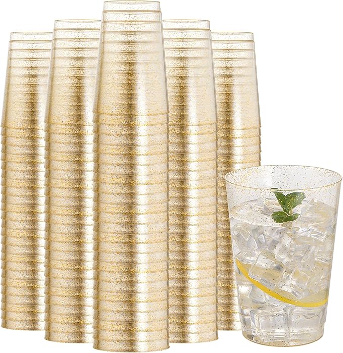 I00000 200 Pack 12 oz Gold Glitter Plastic Cups, Disposable Plastic Wine by I00000