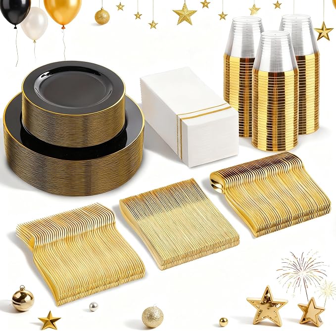 SUT 350-Piece Black and Gold Disposable Plates by SeeYouTomorrow