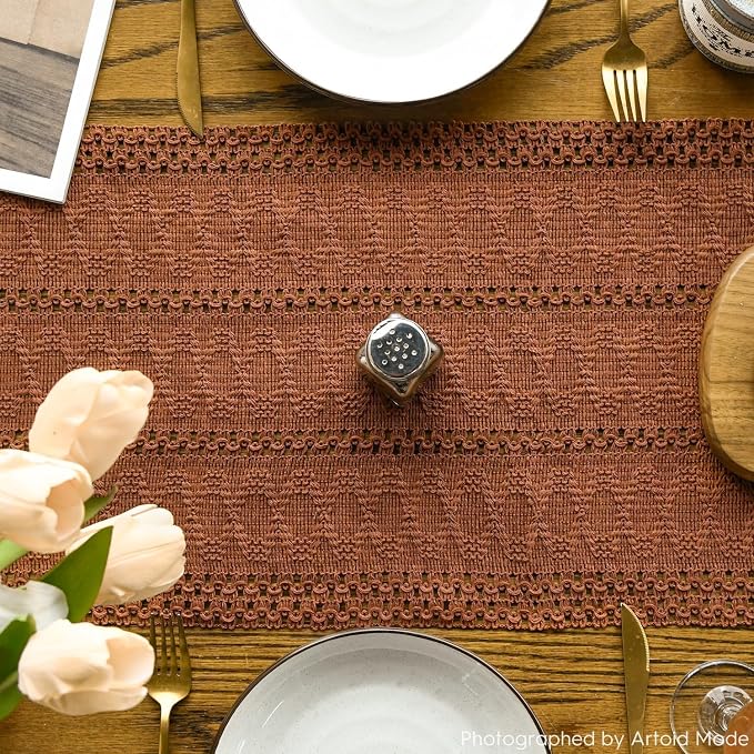 Artoid Mode Caramel Woven Farmhouse Hollow Table Runner 12x120 Inch | Holiday - Image 3