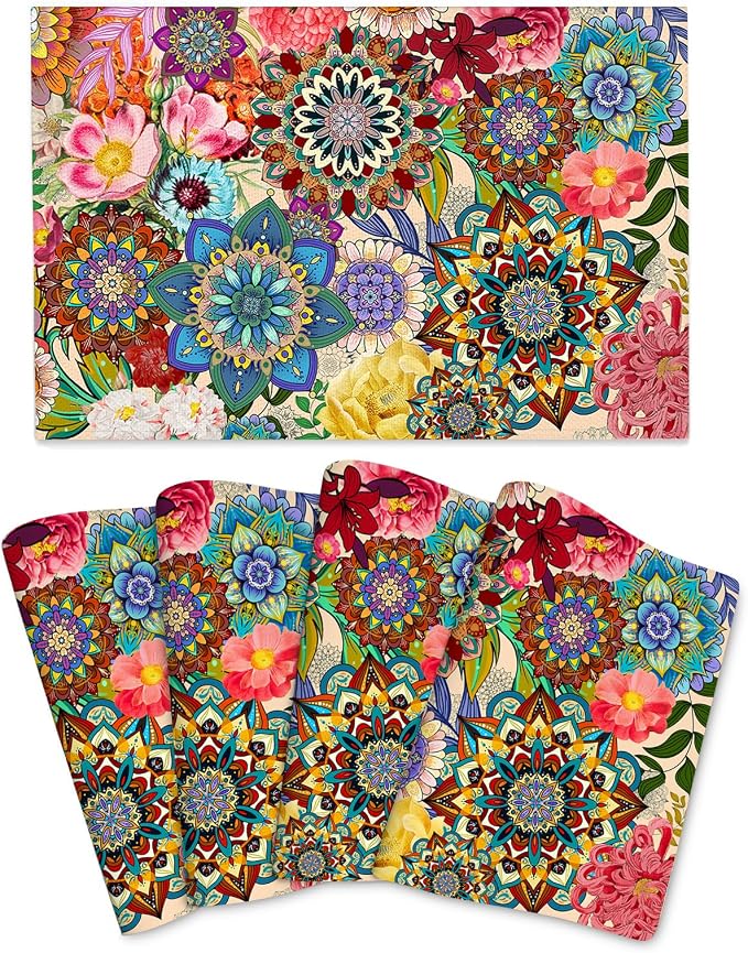 Boho Floral Placemats Set of 4, Colorful Dining Table Mats 12"x18" | Flowers by Unknown