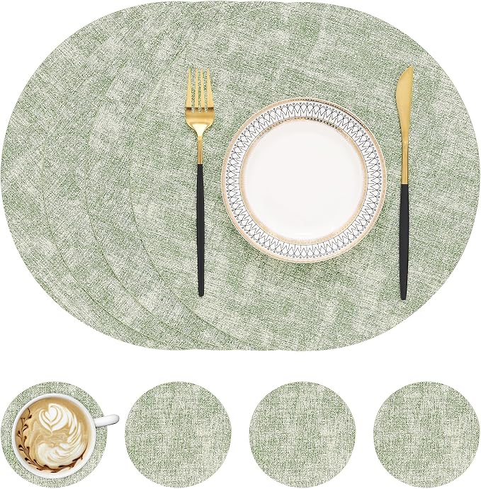 Round Faux Leather Placemat and Coaster 4 Packs, Washable Heat Resistant Dining by homing