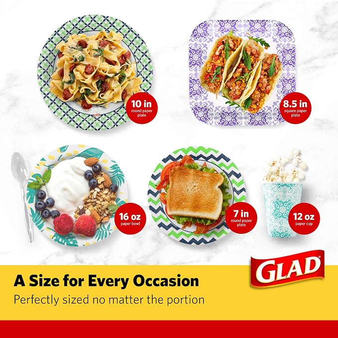 Glad Round Disposable Paper Bowls, Palm Leaves Pattern, 16 Oz, soak-proof and - Image 7