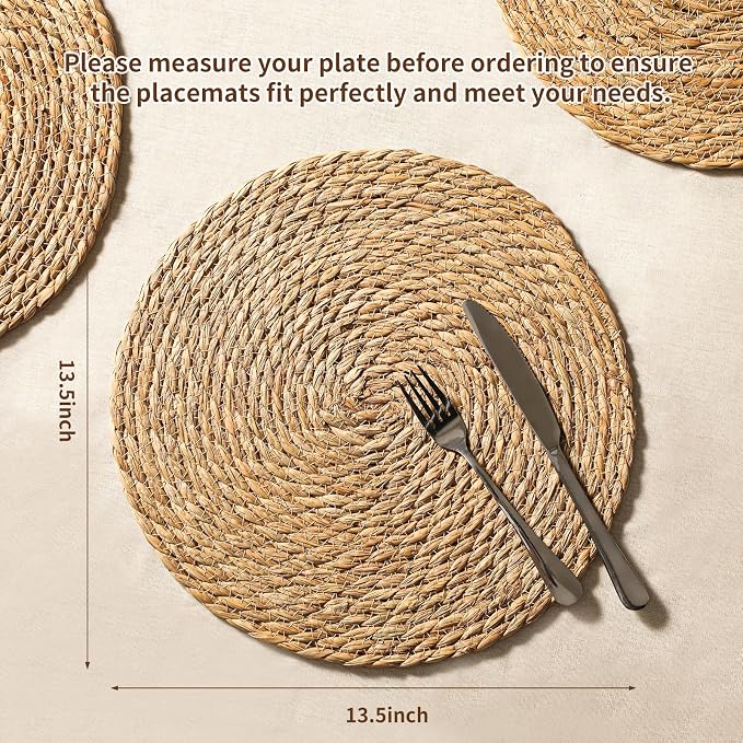 13.8'' Round Woven Placemats Set of 8, Boho Wicker Chargers, Terrekraft | - Image 3