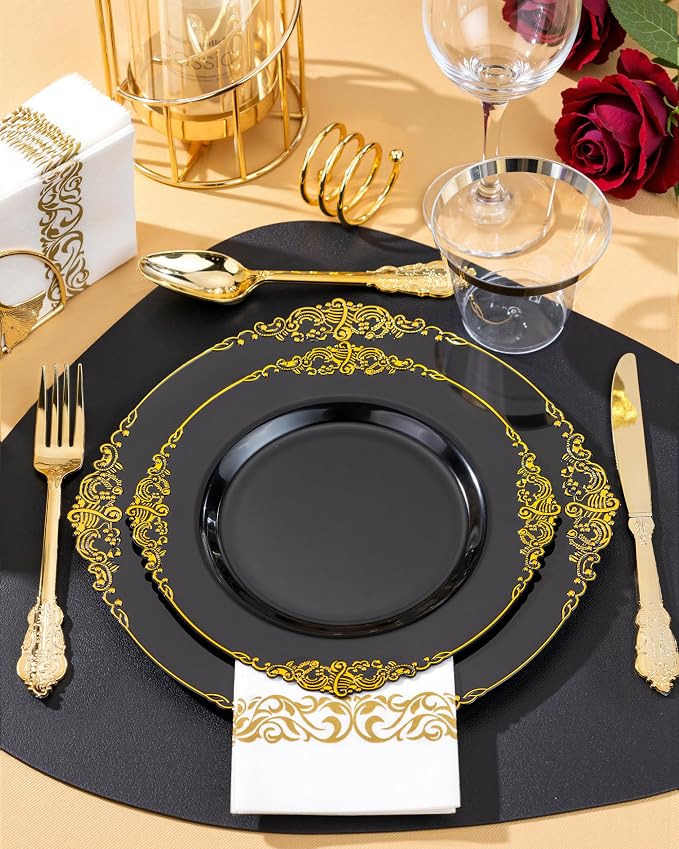 Nervure 350Pcs Black Plastic Plates, Plastic Dinnerware Set - Image 8