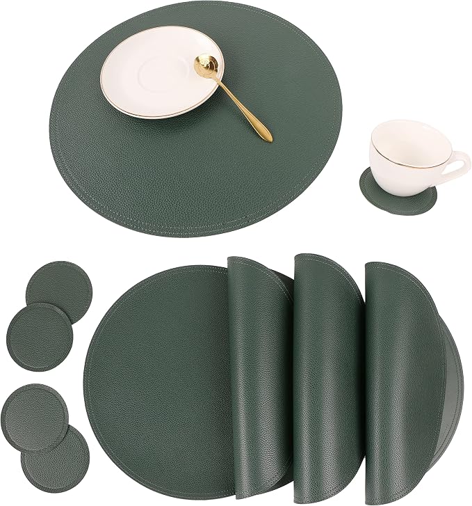 Set of 6 Faux Leather Round Placemats and Coasters, Disko Table Mats and Drink by JOVONO