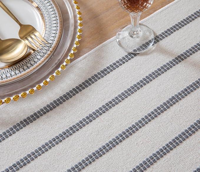 Caflife Boho Table Runner 60 Inchs Long Grey and Beige, Cotton and Linen Woven - Image 4