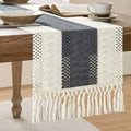 Macrame Style Bicolor Stitching Table Runner 14x36in Charcoal | Woven Boho by ZEEMARTONLINE
