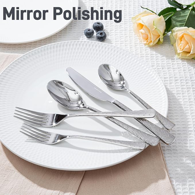 Silverware Set for 12, 60 Piece Flatware Set, 18/10 Stainless Steel | Hammered - Image 3