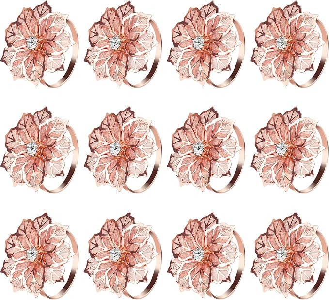 KPOSIYA Flower Napkin Rings Holder Metal Rose Gold Napkin Rings Set of 12 by KPOSIYA