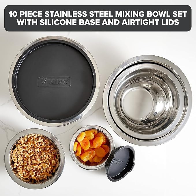 Viking Mixing Bowls Set, 10 Piece Stainless Steel Kitchen Cookware, Non-Slip - Image 2