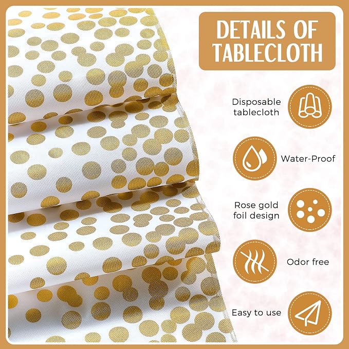 8 Pack White and Gold Disposable Plastic Tablecloths and Satin Table Runner Set - Image 3