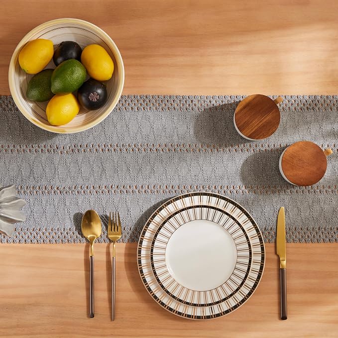 Macrame Style Boho Table Runner, 12x90 Inch Grey | Woven Boho Table Runner - Image 4