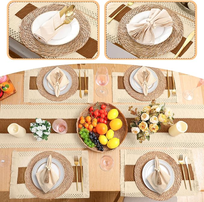 6 Sets Boho Decoration Placemats Round Woven Placemats, Cloth Napkins, Wood - Image 6
