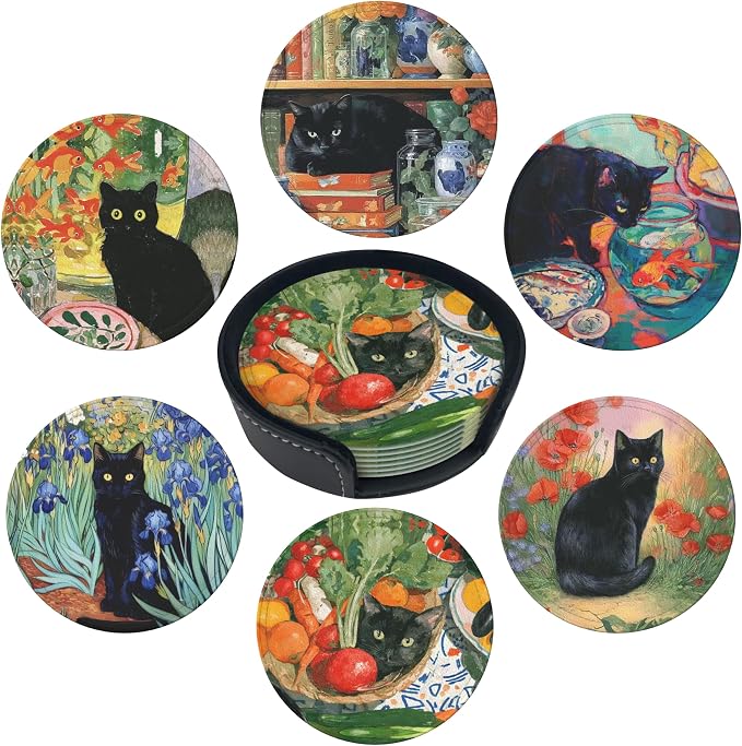 Cat Coasters Leather Round Drink Coasters 6 Pcs Set by Yopiiefa