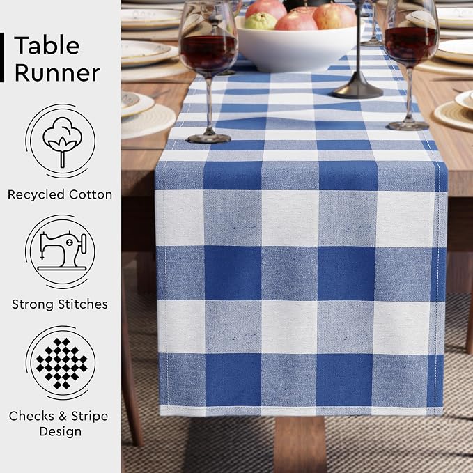 Encasa XO Table Runner, Woven Cotton Dining Runner 13"x118" Buffalo Blue Checks - Image 3