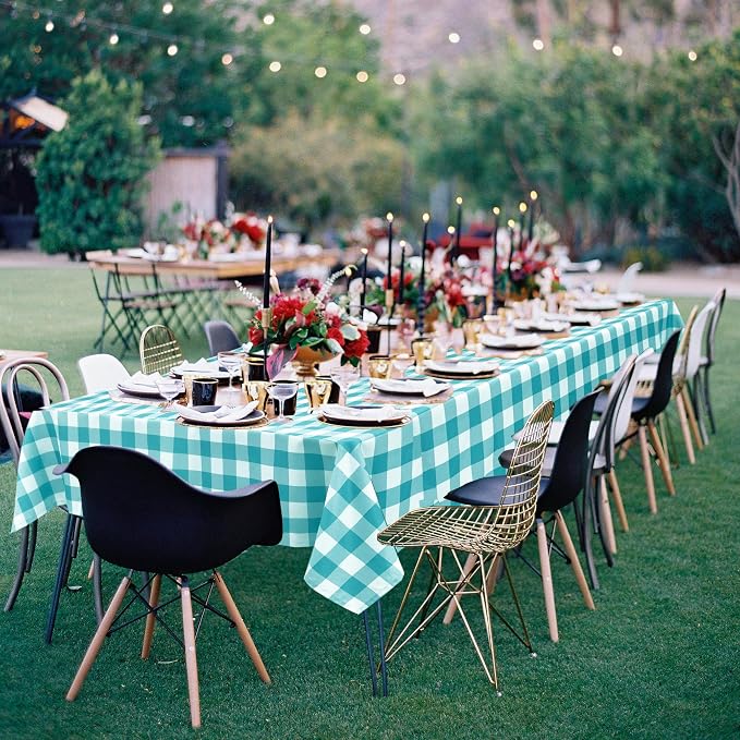 Plaid Tablecloth 2 Pack, 60 x 120 inch, Turquoise and White | Waterproof - Image 2