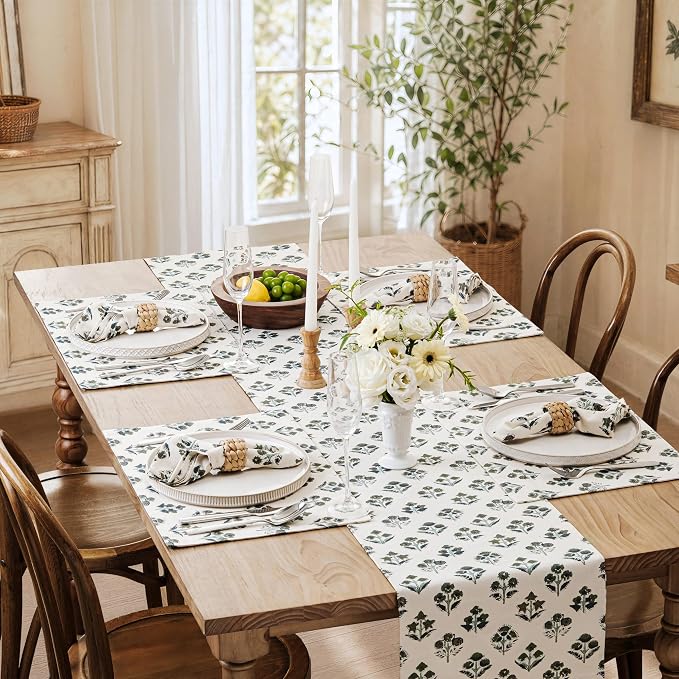 Block Print Floral Decorative Table Runners, 13x90 Inch Olive | 100% Organic - Image 7