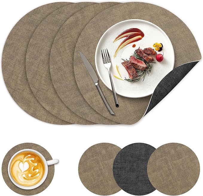 NCUE 13" Faux Leather Round Placemats Set of 4, Reversible Dual-Color | by NCUE