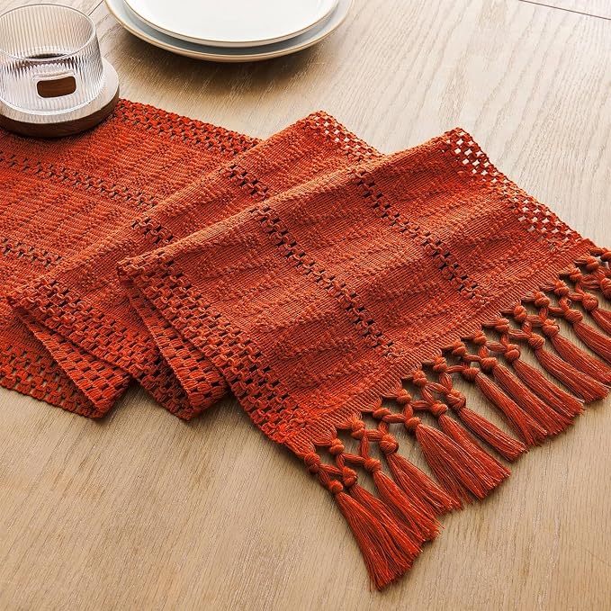 Macrame Style Boho Table Runner, 12x90 Inch Dark Orange | Woven Boho Table - Image 7