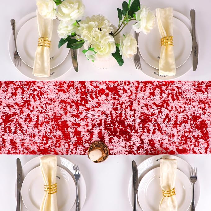 Snowkingdom Red Sparkly Table Runner Glitter Sequin Glitter Metallic Foil Mesh - Image 4
