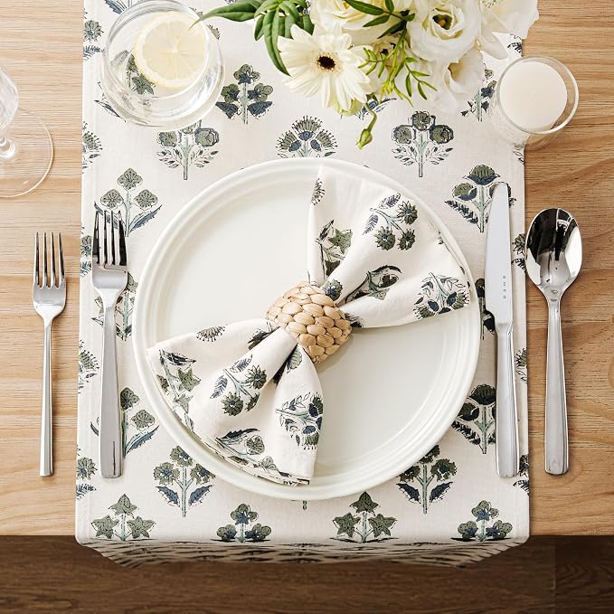 Block Print Floral Decorative Table Runners, 13x36 Inch Olive | 100% Organic - Image 3