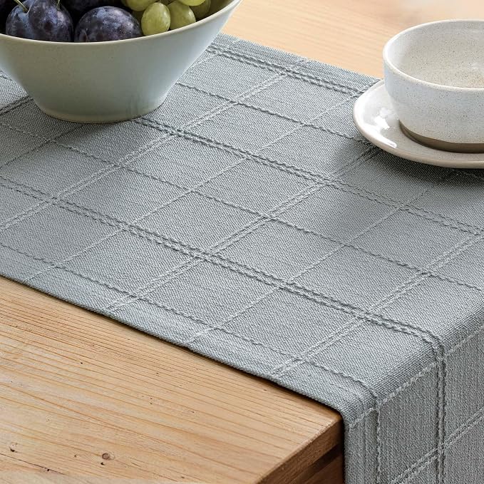 Linen Checked Farmhouse Table Runner, 13x108 Inches Chambray | Raised Grid - Image 5