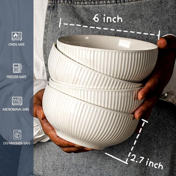 Ceramic Cereal Bowls 26 oz, Embossment Soup Bowls Set of 4, Dishwasher - Image 3