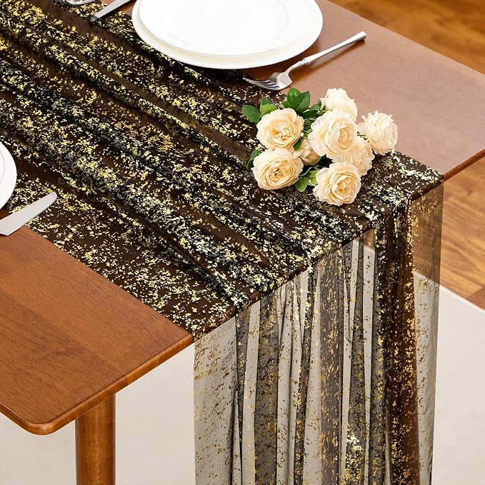 SiinvdaBZX 4 Pcs Black Gold Sheer Tulle Table Runner 120 Inch/10 Ft Long | by SiinvdaBZX