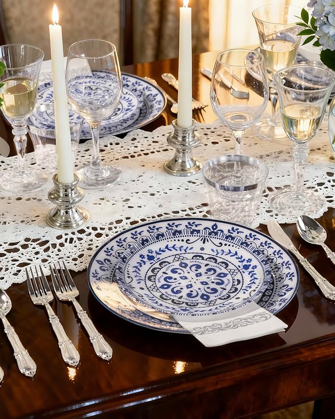 Blue Plastic Plates, Floral Disposable Plates, 10.25" dinner & 7.5" dessert - Image 6