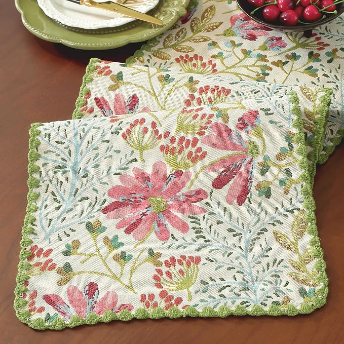 Spring Botanical Floral Green Lace Table Runners 12 x 71 Inch | Jacquard Weave by HomeyHo