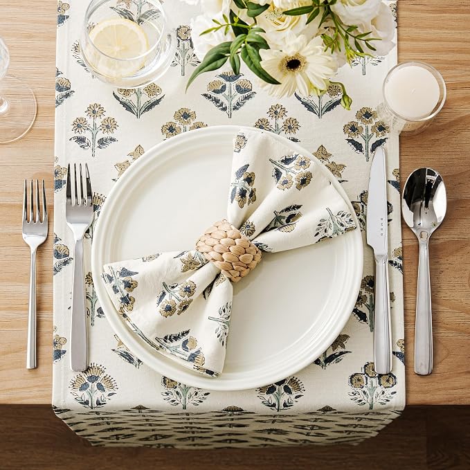 Block Print Floral Decorative Table Runners, 13x72 Inch Latte | 100% Organic - Image 3