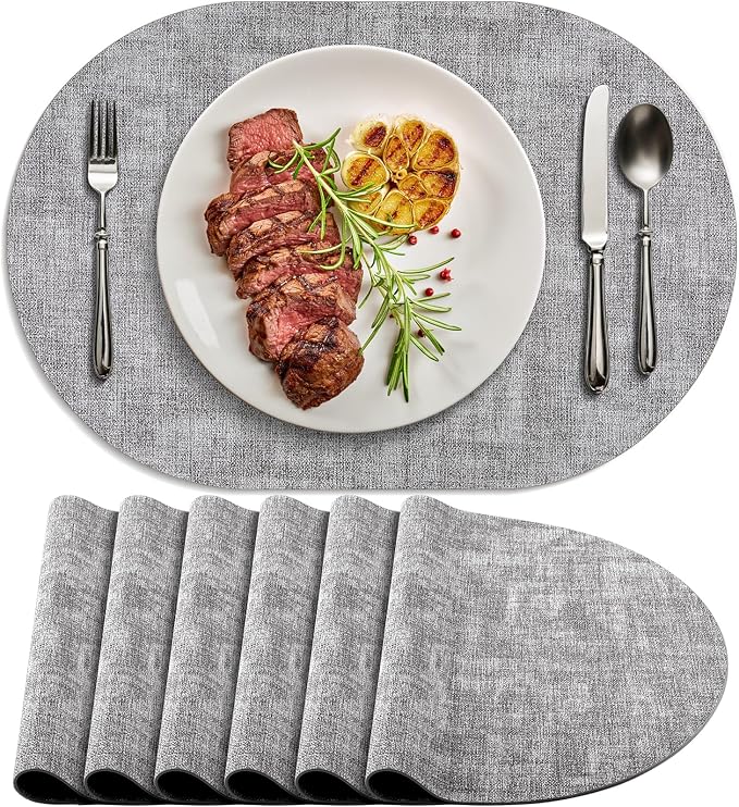 Placemats for Dining Table Set of 6 Non-Slip, Heat Resistant Oval Leather by Delicateandelegantplacemats
