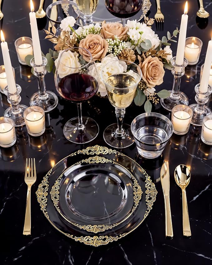 Nervure 600Pcs Clear and Gold Plastic Plates, Dinnerware Set - Image 2