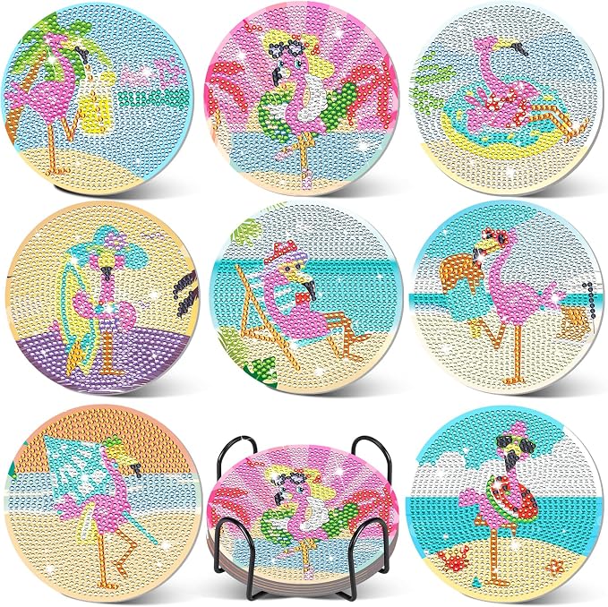 8 Pcs Boho Diamond Art Painting Coasters Holder Sands Flamingos | Abstract by Ovveroche