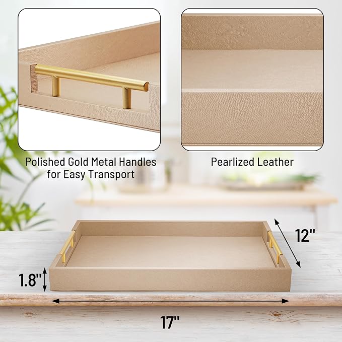 ATZYmolin 17"x12" Leather Serving Tray, Khaki | Rectangle Ottoman Decor Tray - Image 3