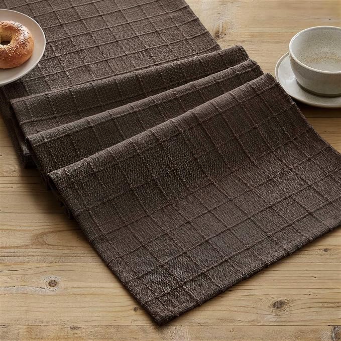 Artisanal Grid Linen Table Runner, 13x36 Inches Chocolate | Heavy Textured - Image 2