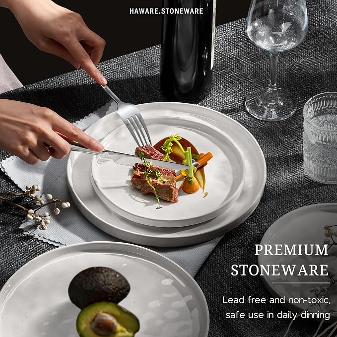 HaWare Dinnerware Sets, 24-Piece Plates and Bowls Set, Speckled White | - Image 5