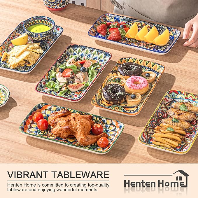 Henten Home Ceramic 10 Inch Salad Plates, Colorful Rectangular Plate Set of 6 - Image 4