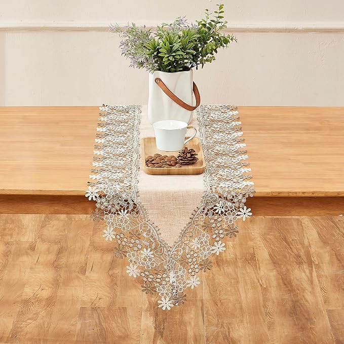 Natural Beige Floral Lace Table Runner Dresser Scarf | Lace Runner, Wedding & - Image 2