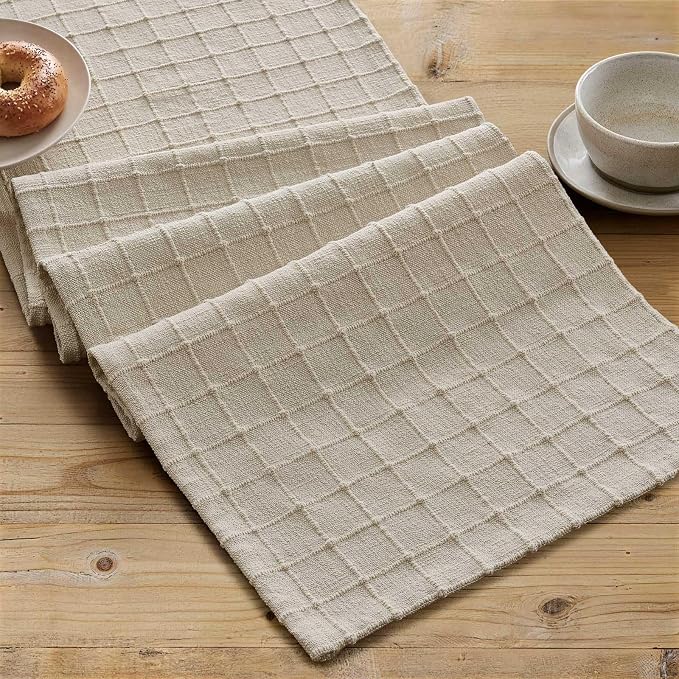 Artisanal Grid Linen Table Runner, 13x36 Inches Neutral Beige | Heavy Textured - Image 2