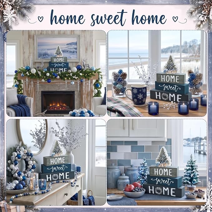 Cinnvoice 4 Pcs Blue Christmas Tree Wooden Block Decor Winter Farmhouse Tiered - Image 6