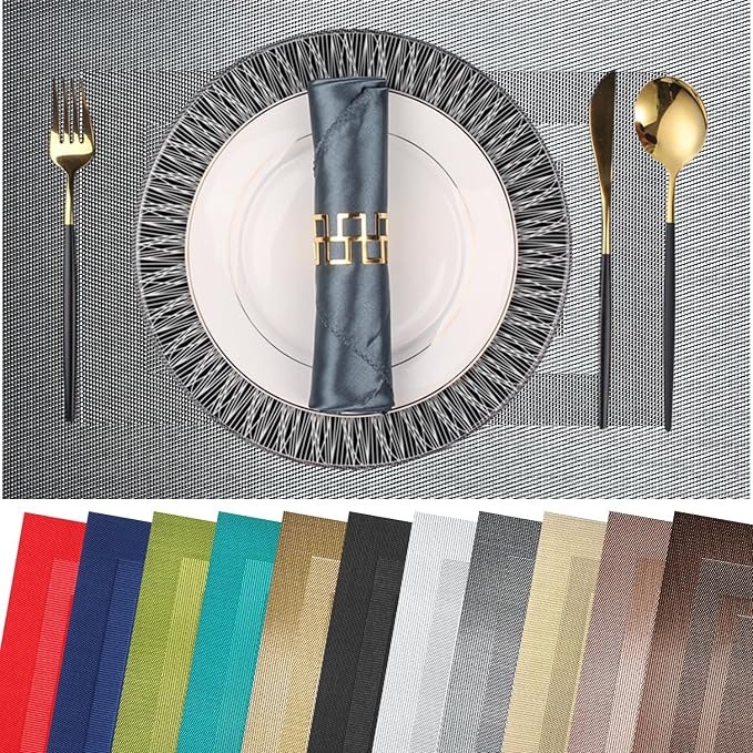 PIGCHCY Placemats Set of 12 Washable Durable Place Mats Vinyl Heat Resistant by PIGCHCY